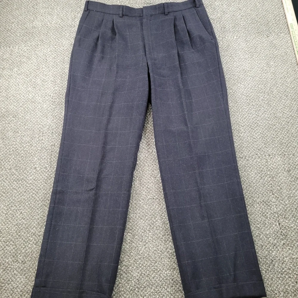 Warren Scott Mens 44L Suit Pure Wool Windowpane Charcoal Grey 2 Button Pleated